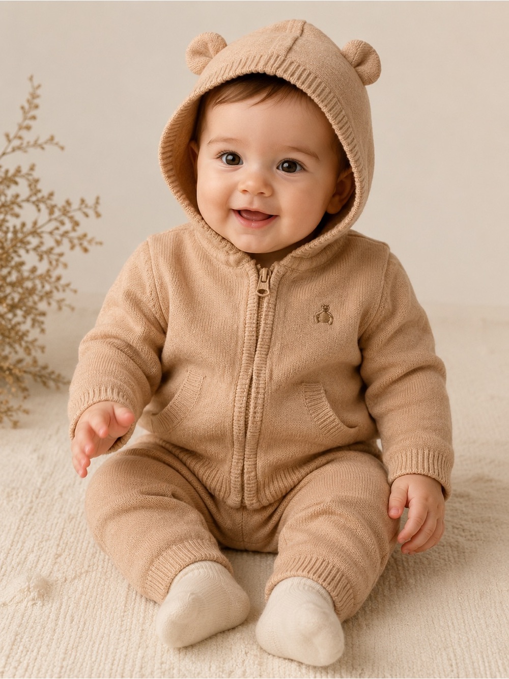 Baby Gap Bear Ear Hooded Knit Sweater & Pants Set Beige 6-12 Months